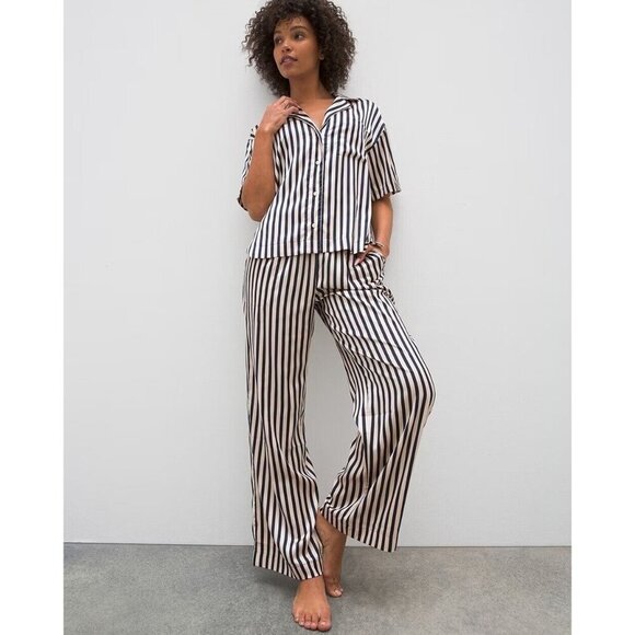 Soma Sensual Short Sleeve Navy Striped Pajama Set Womens Size L Satin Lounge - Picture 1 of 16